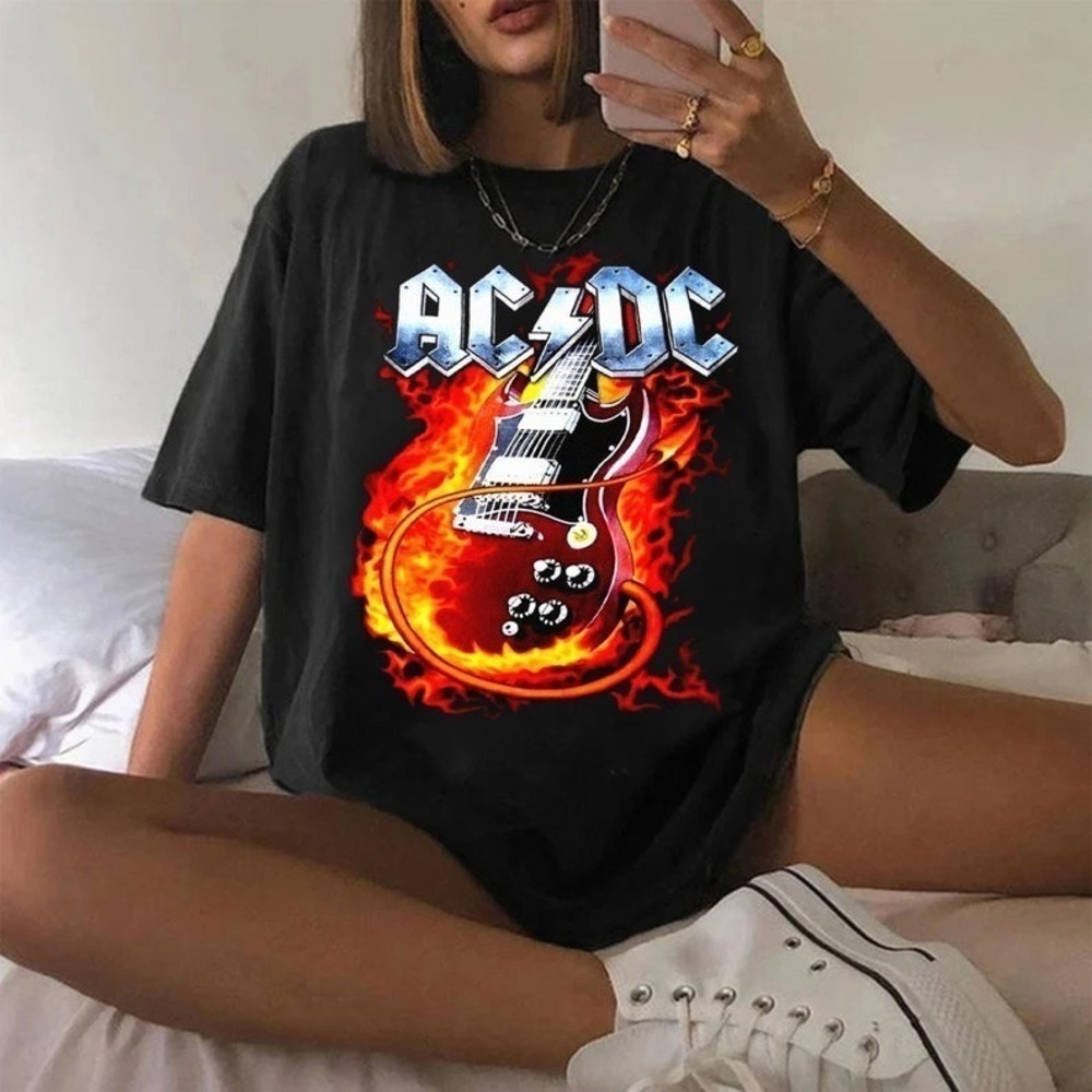ACDC Guitar On Fire Classic Rock Band Fan T-Shirt